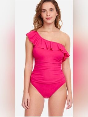 Gottex Profile Tutti Frutti Ruffle One Shoulder Swimsuit - Rose
